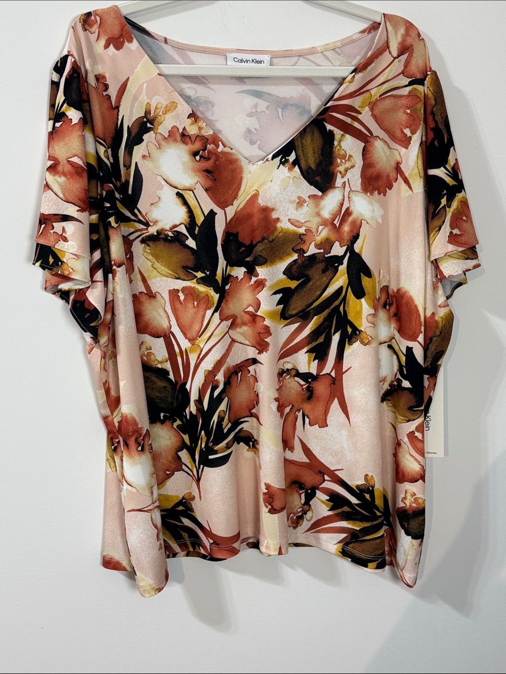 Calvin Klein Peach Floral Plus Size Flutter-Sleeve Top w/ Black, Orange, Yellow